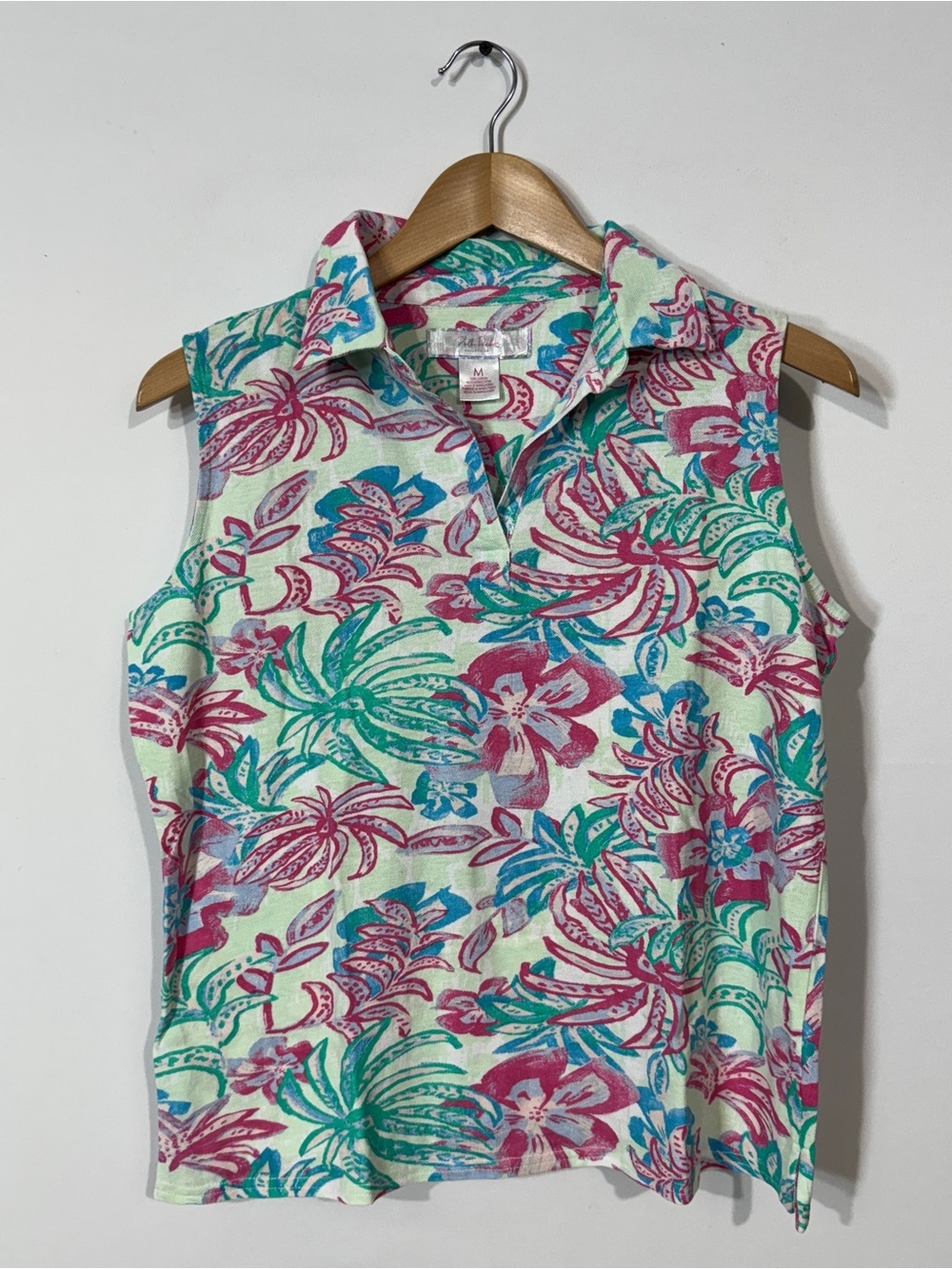 WAT47 {Stella Parker} Green Tropical Sleeveless V-Neck Tank Top Golf Polo Shirt